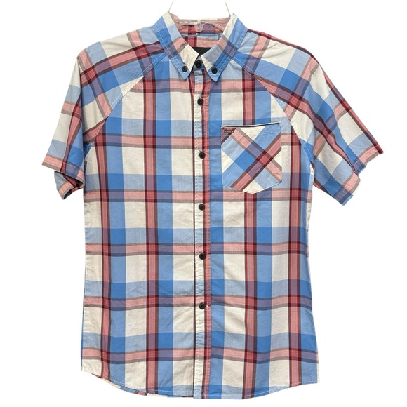 Hurley Large Blue Red Plaid Cotton Short Sleeve Button Up Shirt - Picture 1 of 6